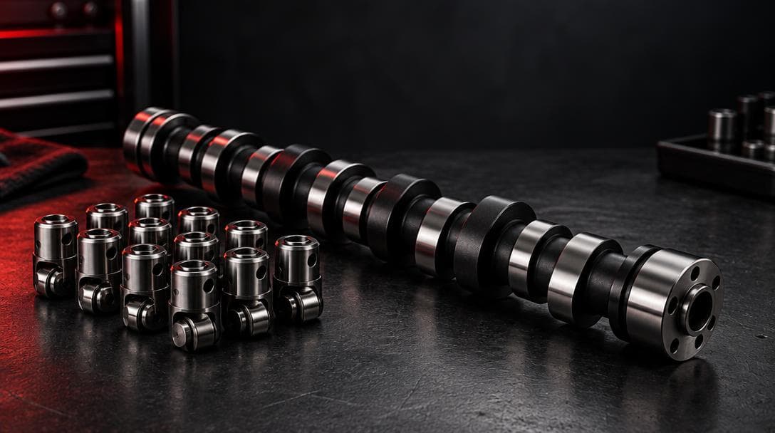 Roller camshaft with a row of roller lifters on a dark workbench